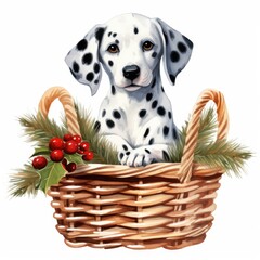 A dalmatian puppy sitting in a basket with holly berries. Digital image. Pets, winter clipart.