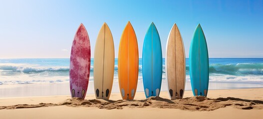 surfboards standing on the sand on the beach Generative AI