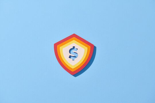 Paper shield with a money/dollar sign on blue background.