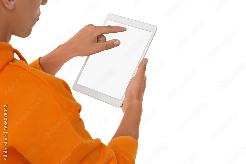 Poster man using tablet with blank screen on white background, closeup. mockup for design