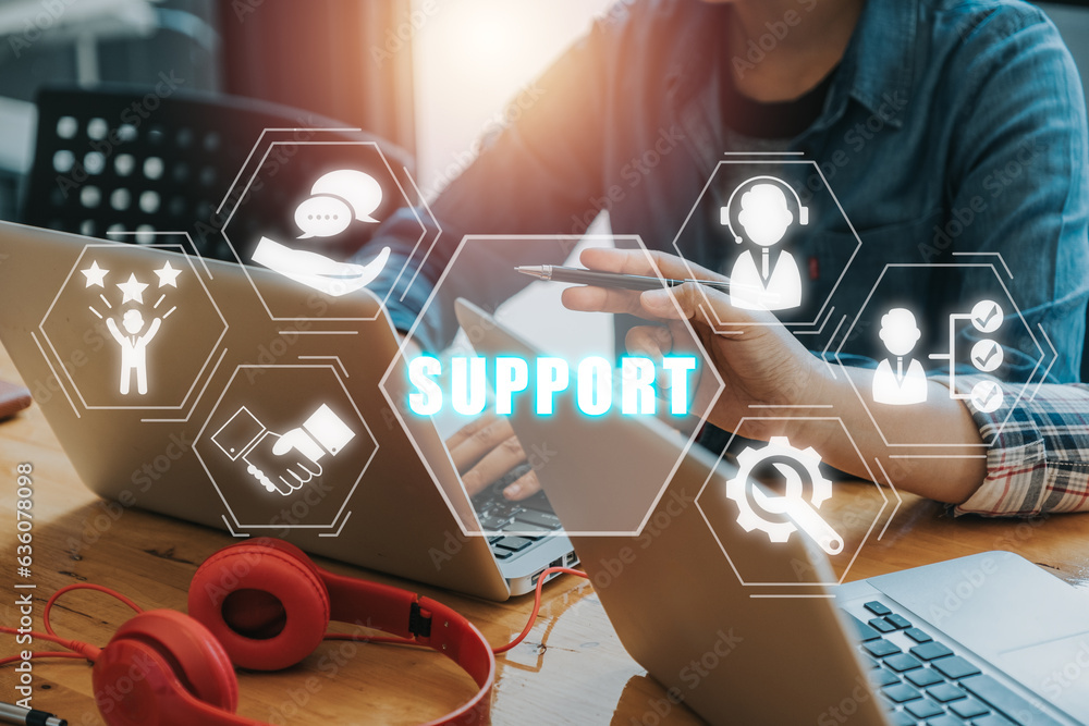 Poster support concept, busienss team working on laptop computer on desk with support icon on virtual scree