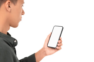 Man holding phone with blank screen on white background, closeup. Mockup for design