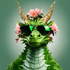 Beautiful cool green dragon portrait in sunglasses with flowers on head, symbol of new 2024 year