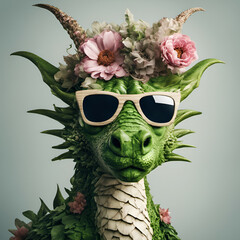 Beautiful cool green dragon portrait in sunglasses with flowers on head, symbol of new 2024 year