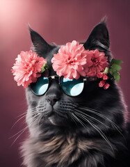 Beautiful cool black cat portrait in sunglasses with flowers on head
