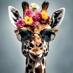 Gardinen Beautiful cool giraffe portrait in sunglasses with flowers on head © Tilra