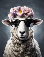 Poster Beautiful cool sheep portrait in sunglasses with flowers on head © Tilra