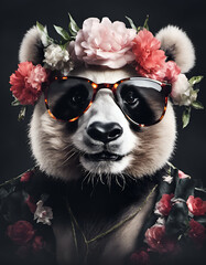 Beautiful cool panda bear portrait in sunglasses with flowers on head