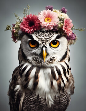 Beautiful cool owl portrait with flowers on head