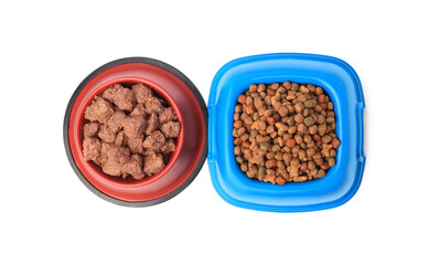 Dry and wet pet food in feeding bowls isolated on white, top view
