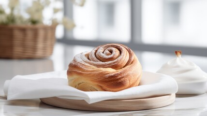 Fototapeta na wymiar Freshly Baked Cinnamon Roll Pastry Photorealistic Horizontal Illustration. Crusty Pastry, Gourmet Bakery. Ai Generated bright Illustration with Aromatic Traditional Cinnamon Roll Pastry.