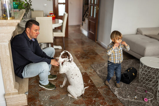 father with little son and dog playing at home