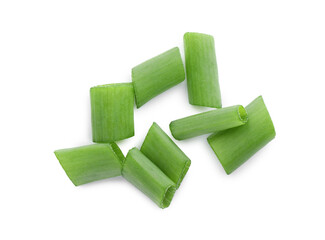 Pile of fresh green onion isolated on white, top view