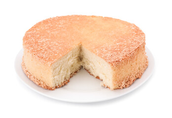 Plate with tasty sponge cake isolated on white