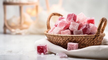 Sweet Turkish Delight Candy Photorealistic Horizontal Illustration. Sweet Dessert From Confectionery. Ai Generated bright Illustration with Delicious Flavory Turkish Delight Candy.