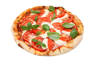 Delicious Caprese pizza with tomatoes, mozzarella and basil isolated on white