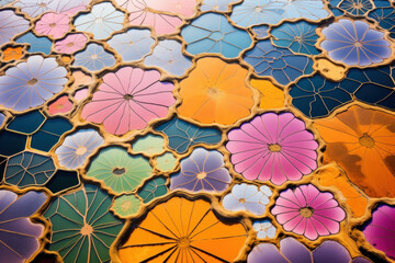 Fototapeta na wymiar Aerial Blossom Mosaic: An Enchanting Aerial Spectacle of Vast Flower Fields 