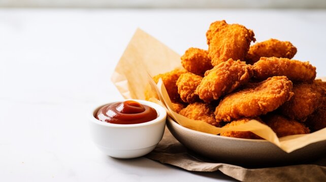Delicious Chicken Nuggets and BBQ Sauce Food Combination Photorealistic Horizontal Illustration. Flavorful Dipping American Duo. Ai Generated bright Illustration with Aromatic Chicken Nuggets.