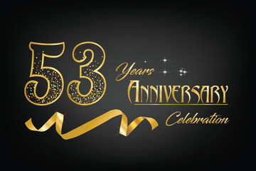 Celebrate the 53th anniversary with gold letters, gold ribbons and confetti on a dark background