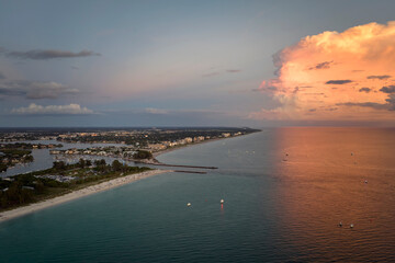 High angle view of crowded Nokomis beach in Sarasota County, USA. Many people enjoing vacations...