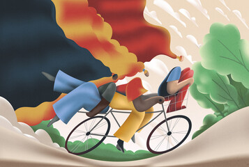 Multiracial women riding bicycle together, celebrating diversity