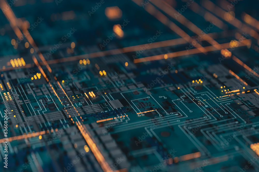Poster technology background with the concept of computer motherboards and semiconductors, 3d rendering