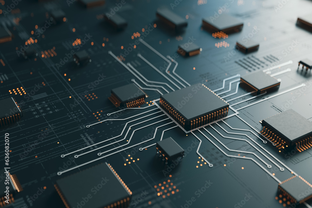 Aufkleber technology background with the concept of computer motherboards and semiconductors, 3d rendering