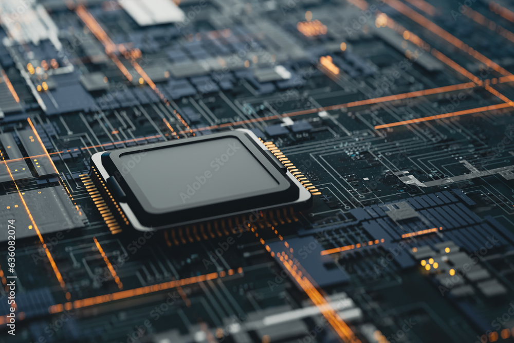 Poster technology background with the concept of computer motherboards and semiconductors, 3d rendering