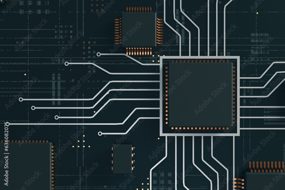 Poster technology background with the concept of computer motherboards and semiconductors, 3d rendering