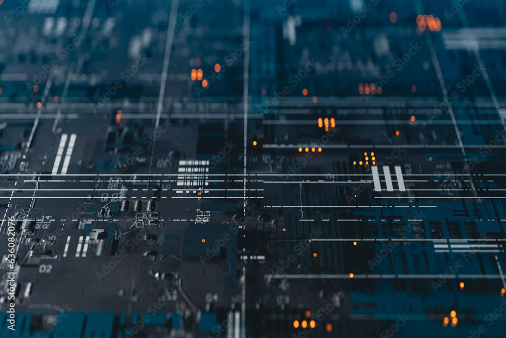 Aufkleber technology background with the concept of computer motherboards and semiconductors, 3d rendering