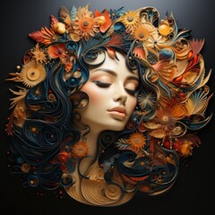 A fantasy art of women face surrounded by colors and shapes.