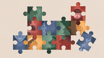 Diverse puzzle of multiracial people coming together in unity.