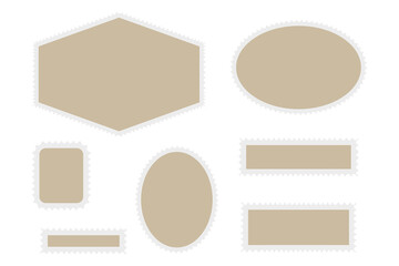 Postage stamp frames set. Blank vintage postage stamps with perforated edge. Empty border template for postcards and letters. Vector illustration. EPS 10.