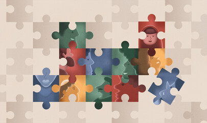 Diverse puzzle of multiracial people coming together in unity.