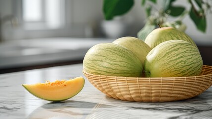 Fresh Organic Honeydew Melon Fruit Photorealistic Horizontal Illustration. Healthy Vegetarian Diet. Ai Generated bright Illustration with Delicious Juicy Honeydew Melon Fruit.