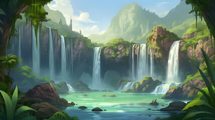 美しい熱帯の滝と静かな川 No.010 | Breathtaking Tropical Waterfall and Serene River Generative AI