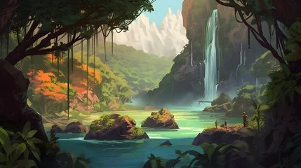Fotobehang 美しい熱帯の滝と静かな川 No.037   Breathtaking Tropical Waterfall and Serene River Generative AI © Lumin5e616f1