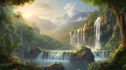 美しい熱帯の滝と静かな川 No.039 | Breathtaking Tropical Waterfall and Serene River Generative AI - obrazy, fototapety, plakaty