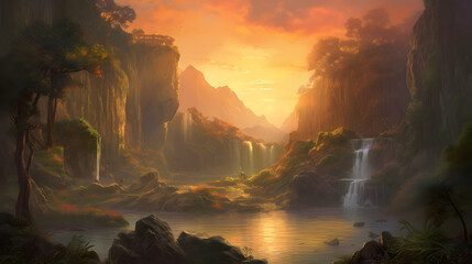 夕日に輝く熱帯の滝と静かな川 No.007 | Tropical Waterfall in the Radiant Sunset Generative AI