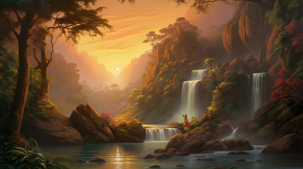夕日に輝く熱帯の滝と静かな川 No.023 | Tropical Waterfall in the Radiant Sunset Generative AI