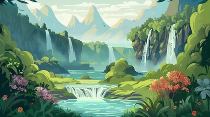 Fotobehang 美しい熱帯の滝と静かな川 No.008   Breathtaking Tropical Waterfall and Serene River Generative AI © Lumin5e616f1