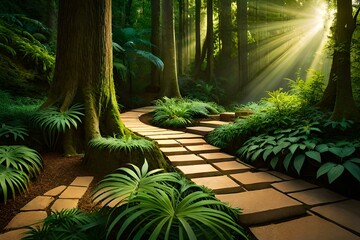 Fototapeta premium A rustic wooden path winds its way through a lush forest, leading towards a magnificent waterfall - AI Generative