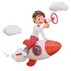 3d rendered cute student character is flying on a rocket