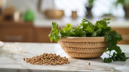 Aromatic Coriander Spice Photorealistic Horizontal Illustration. Healthy Vegetarian Diet. Ai Generated bright Illustration with Delicious Flavory Coriander Spice.
