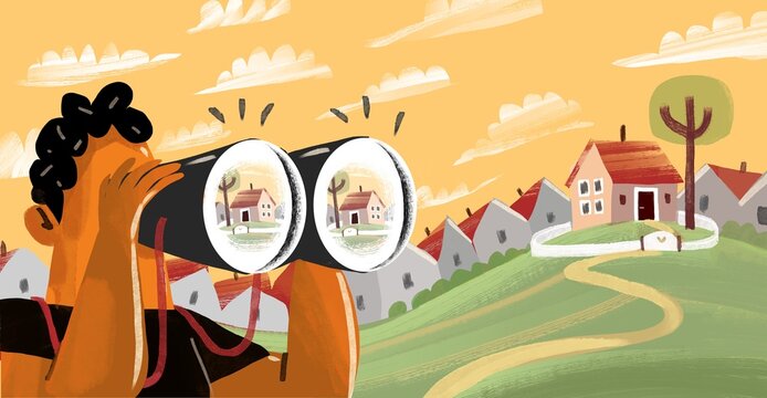 man with binoculars looking for new home