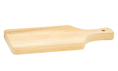 Food preparation tool and kitchen utensils concept with close-up on rectangular wood chopping board with round corners isolated on white background at an angle perspective with clipping path cutout