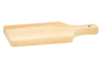 Food preparation tool and kitchen utensils concept with close-up on rectangular wood chopping board with round corners isolated on white background at an angle perspective with clipping path cutout