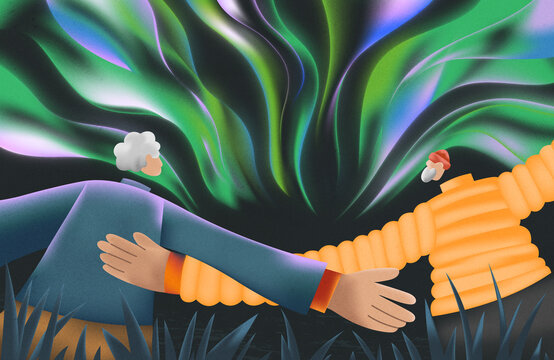 Happy Retirement Couple Embracing under Aurora Borealis