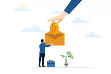 Fotobehang Salary deduction concept. Payment of salary or compensation. Employee salary. lowest wage offer. Adjust the minimum wage rate. Male hand in formal wear holding money coin in finger. illustration. © FAHMI