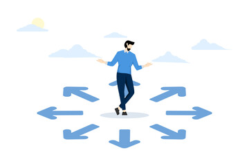 Obraz premium concept of choosing career path, making life decision choice, deciding right or wrong direction, opportunity challenge, confusion or thinking to find way, confused businessman choosing direction.